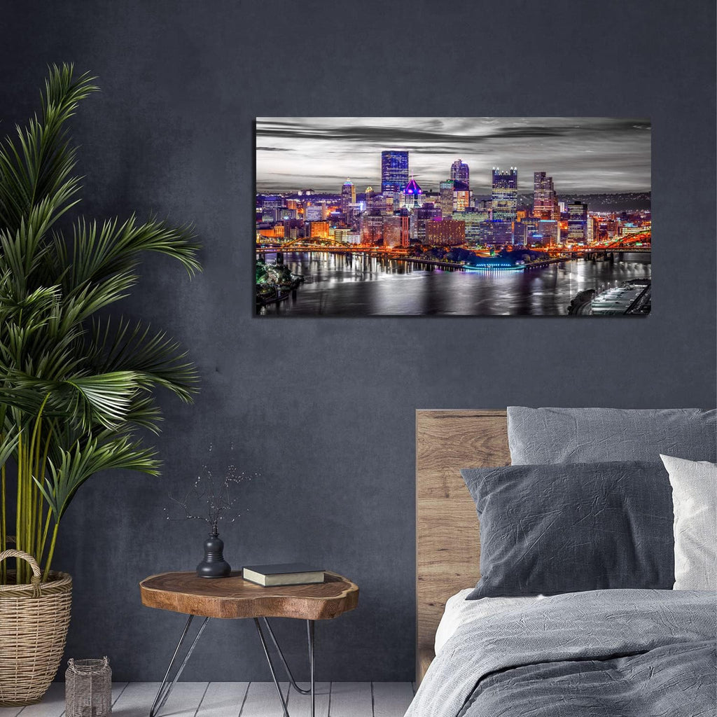 Large Pittsburgh Wall Art Black and White City Skyline Wall Decor Office Decor Pennsylvania Night Cityscape Canvas