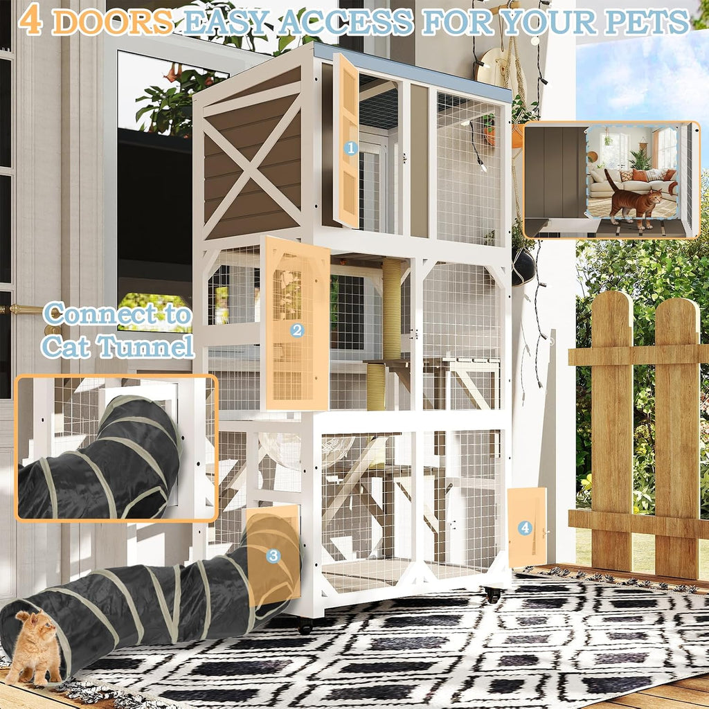 64" H Large Wooden Catio Outdoor Cat Enclosure with Wheels