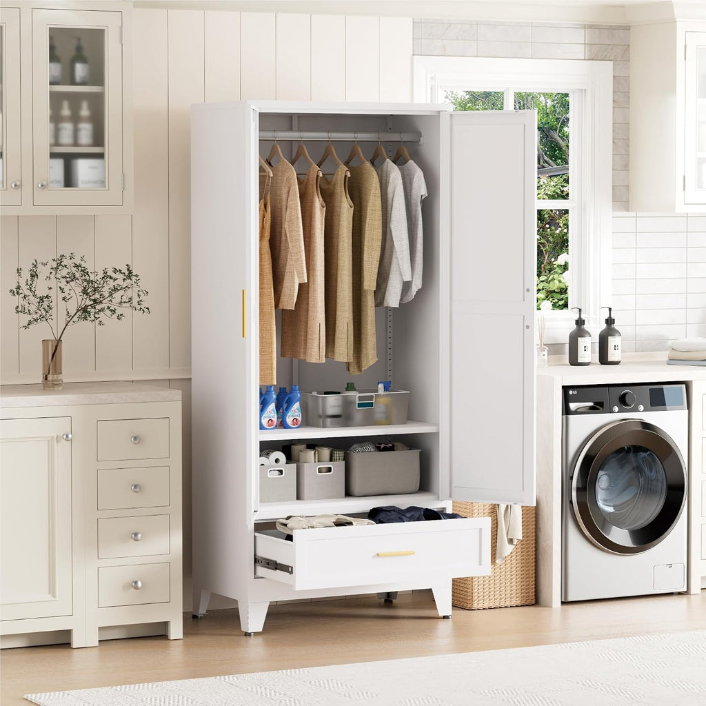 Metal Wardrobe Closet , 71" Freestanding Armoire Wardrobe with Drawer and Shelf, Hanging Rod Clothing Storage Cabinet