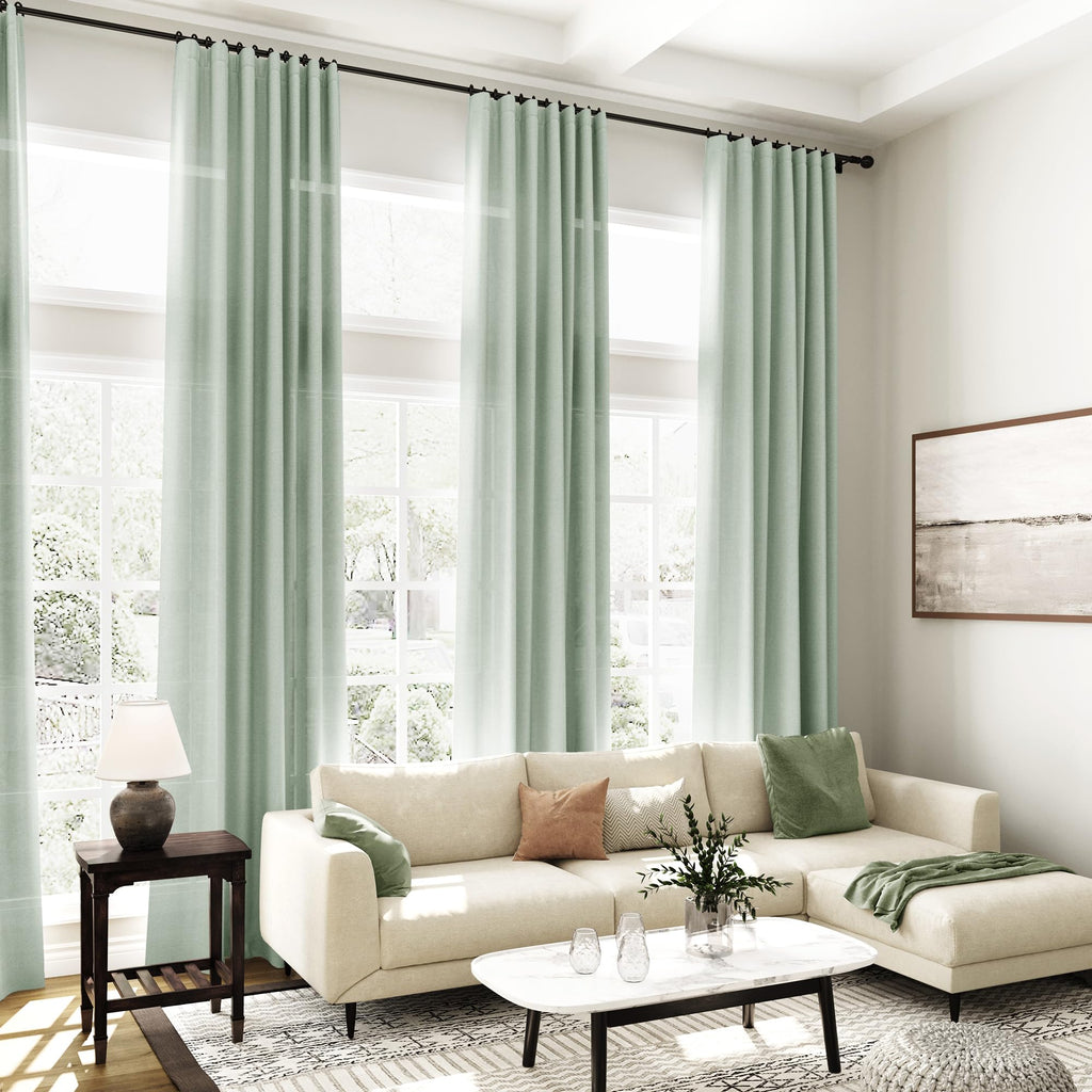 Aqua Green Linen Curtains Semi Sheer 96 Inches Long 2 Panels Set Back Tab Rod Pocket Light Filtering Drape Modern