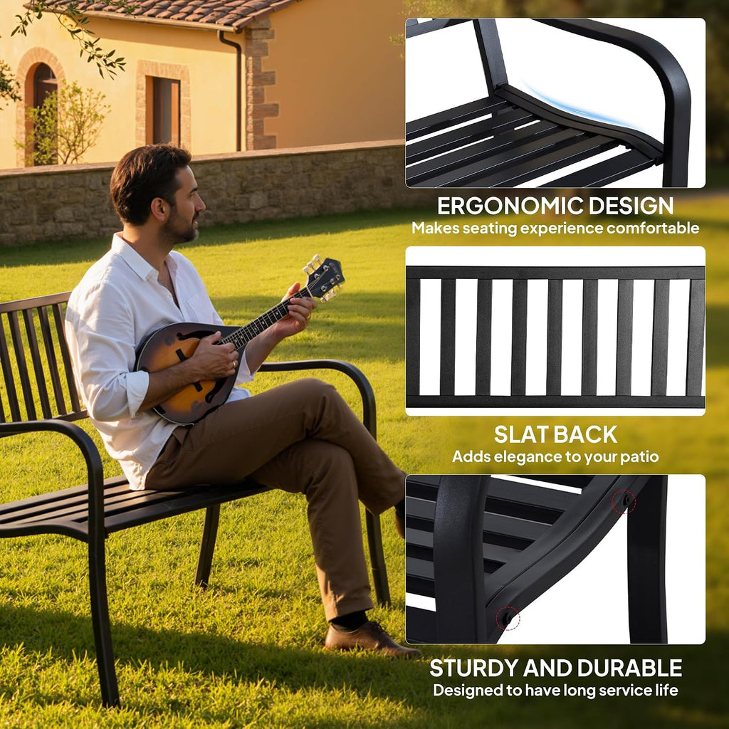 50" Outdoor Garden Bench Patio Bench with Slatted Seat Metal Black | Porch Bench, Backyard, Poolside, Lawn