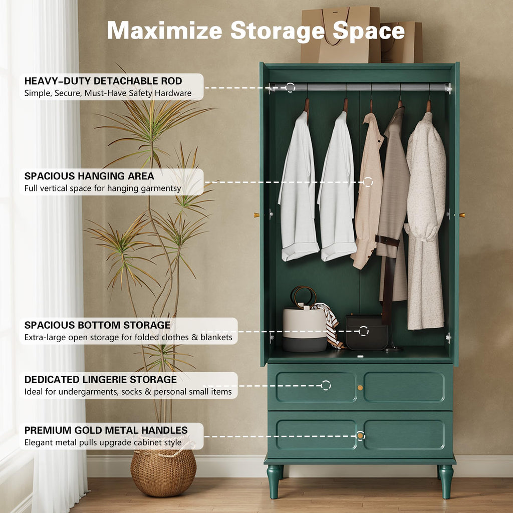 71" Wardrobe Closet Mid-Century Modern Style, Green