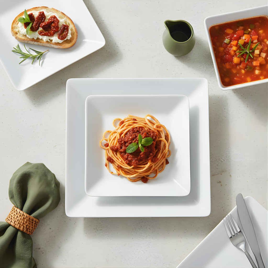 TP 12-Piece Melamine Dinnerware Sets, Square, Service for 4, White