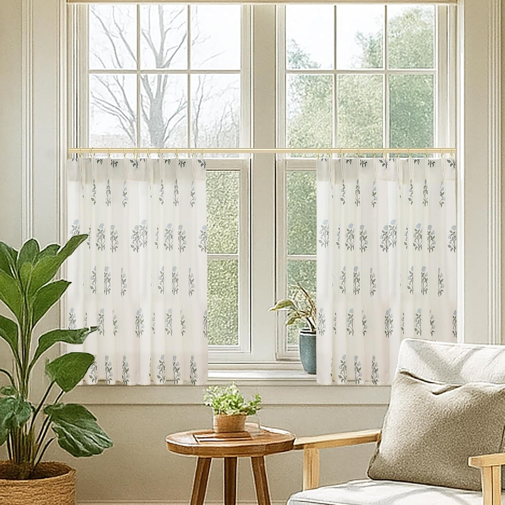 Cafe Curtains,Pinch Pleated Small Window Curtains Over Sink,Farmhouse Linen Sheer Blue and Green Floral Vintage Block
