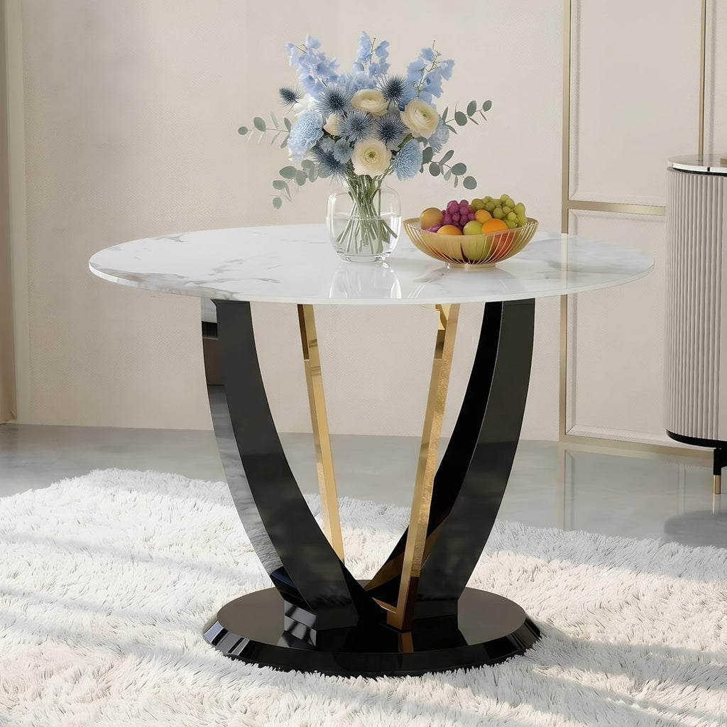 42" Round Dining Table for 4-6, Modern Faux Marble Kitchen Tabletop with Black Wood Pedestal and Gold Metal Frame