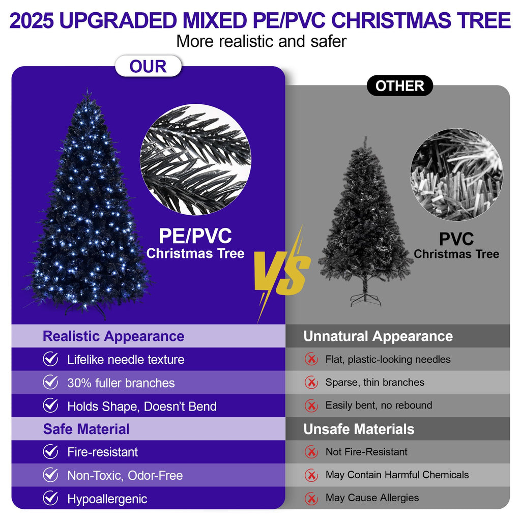 6FT Pre-Lit Black Christmas Tree with Cold White Lights for Halloween