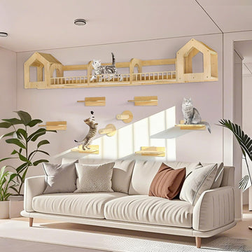 Cat Wall Shelves and Furniture Set with Condos, Perches, Bridge Ladders, Sisal Scratching Posts - Steps and Houses