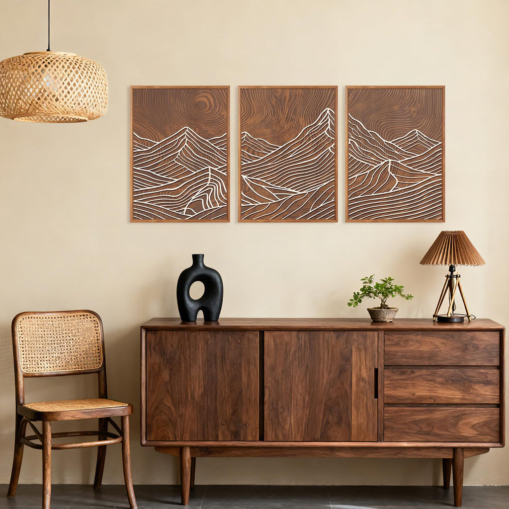 Line Style Mountain Framed Canvas Wall Art, Vintage Tree Rings Wall Decor, Abstract Tree Spiral Wall Painting, Modern