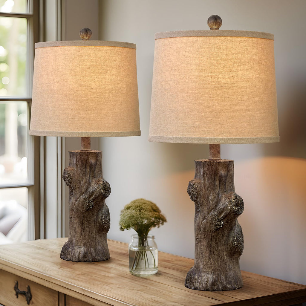 23"Resin Table Lamps Set of 2 Country Cottage Farmhouse Lamp Tree Trunk Wood Grain with Oatmeal Fabric Round Shade