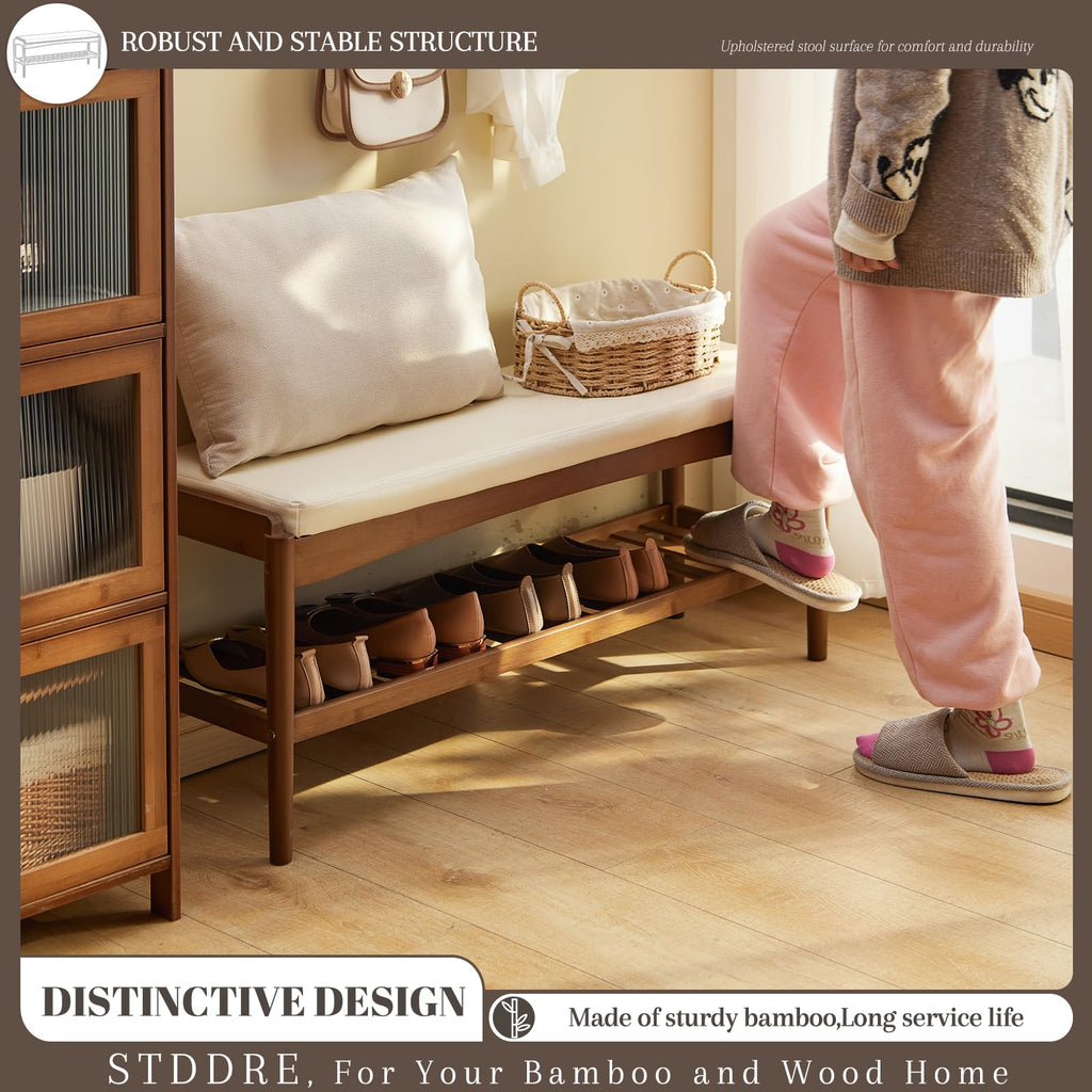 Shoe Rack Bench Entryway Bamboo Shoe Storage Bench with Leather Cushion 2 Tiers Shoe Rack Entryway Bench (Beige Bench