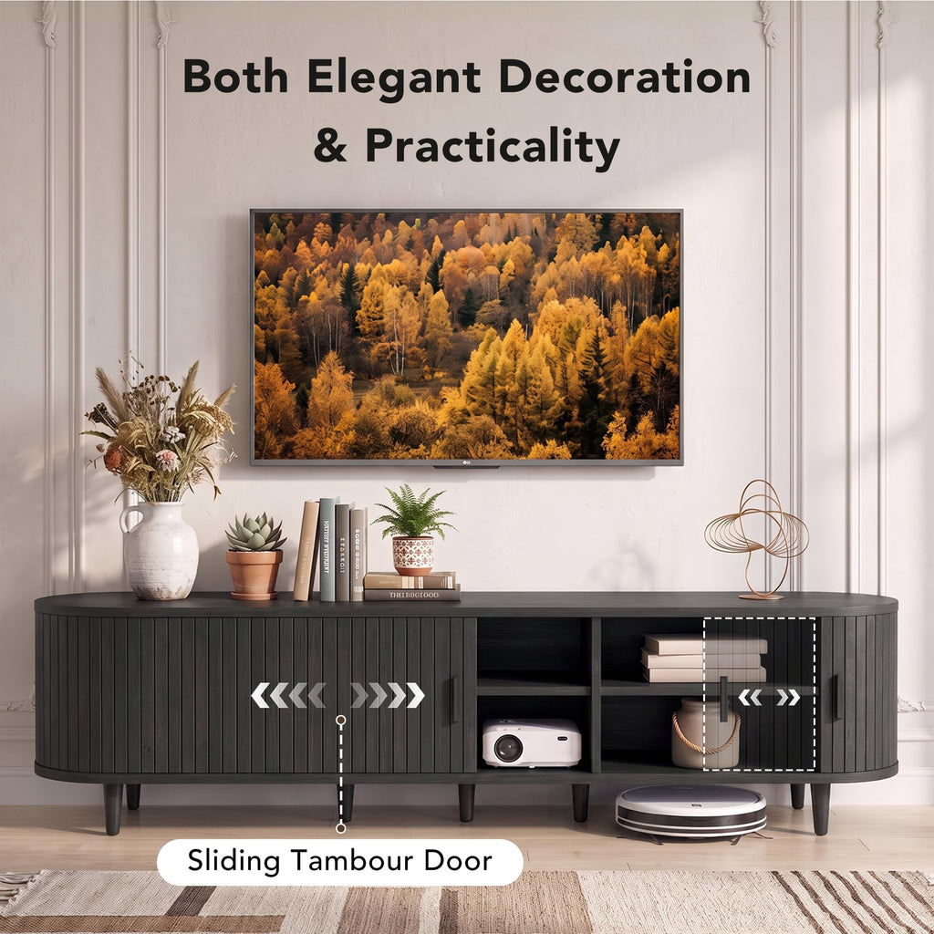 90" TV Stand with Sliding Doors, Mid Century Modern Entertainment Center, TV Console with Fluted Door Cabinets and