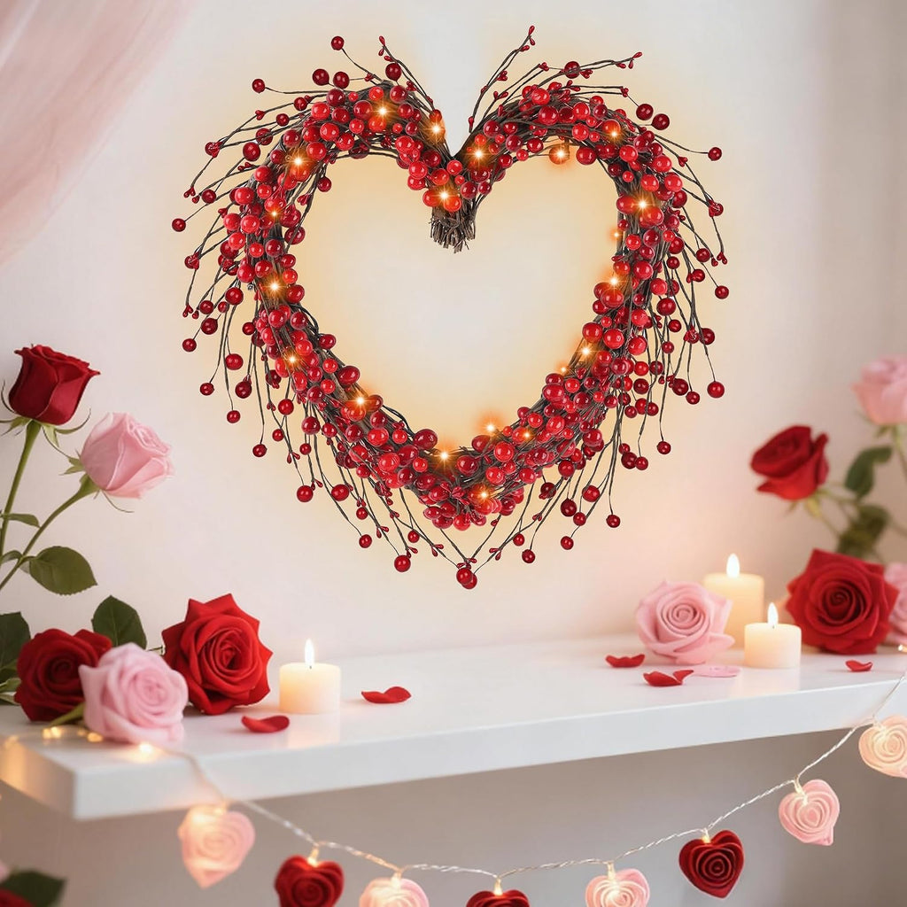 Valentine's Day Wreath, 15" LED Lighted Red Berry Heart Shaped Valentines Wreaths for Front Door, Battery Operated