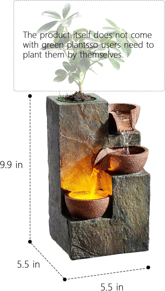 Tabletop Indoor Water Fountain - 3-Tier Rock Waterfall Fountain with Warm LED Light and DIY Planting Pot - Relaxing