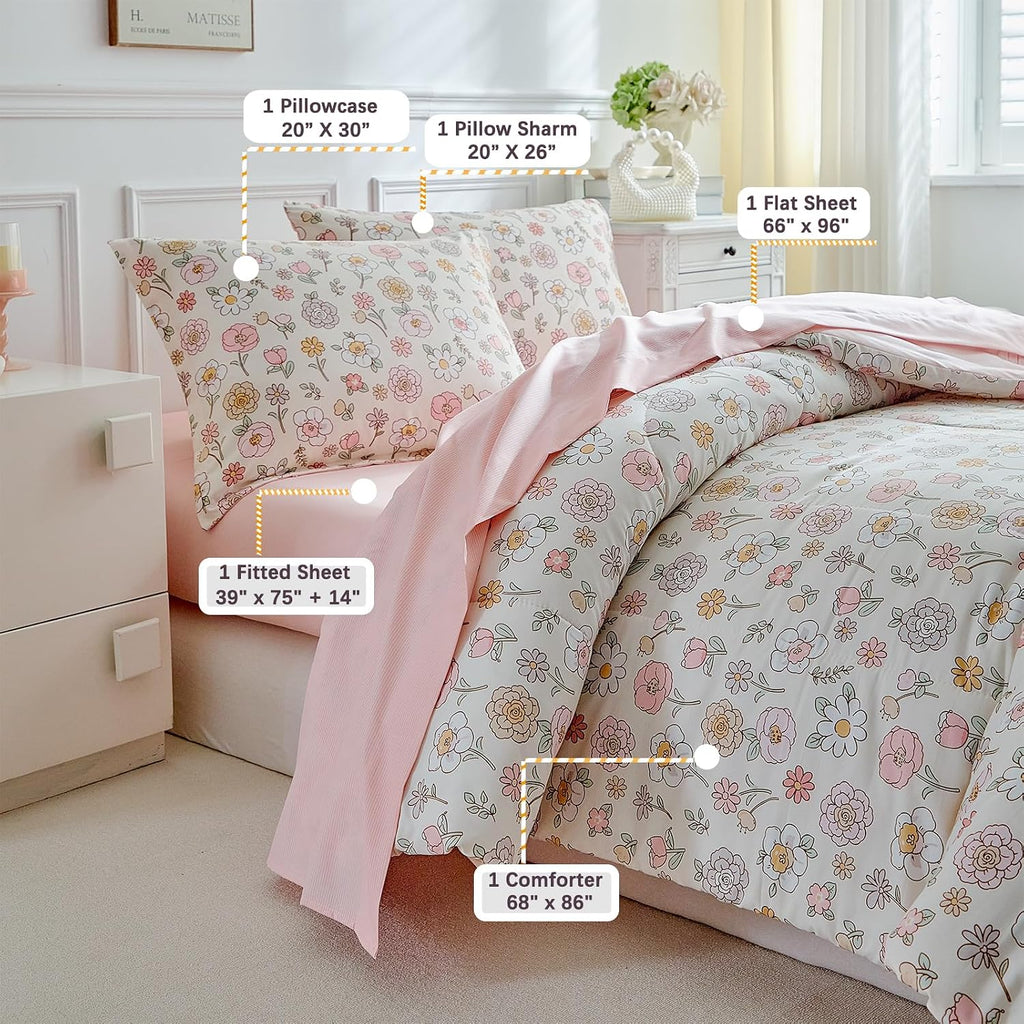 Floral Twin Comforter Set,5 Pieces Twin Bedding Set for Girls,Twin Bed in a Bag, All Season Kids Sheet Set with
