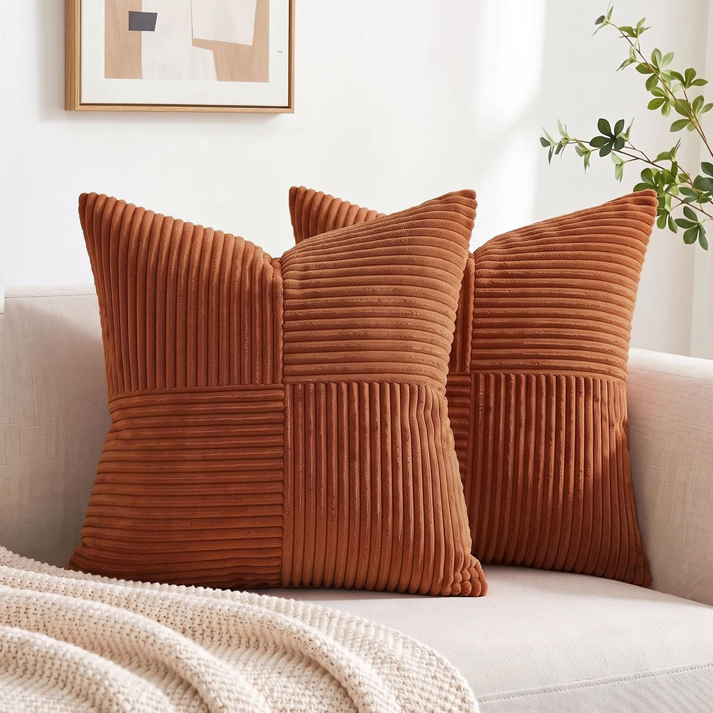 2 Packs Rust Decorative Throw Pillow Covers 20x20 Inch Couch, Rustic Farmhouse Boho Home Decor, Soft Corss Corduroy