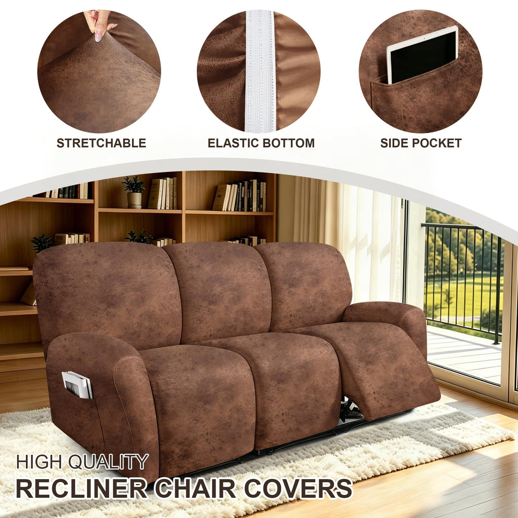 Recliner Couch Covers 8-Piece Leather Look Couch Covers for Recliner Sofa with Pocket, Washable Non-Slip Sofa Covers