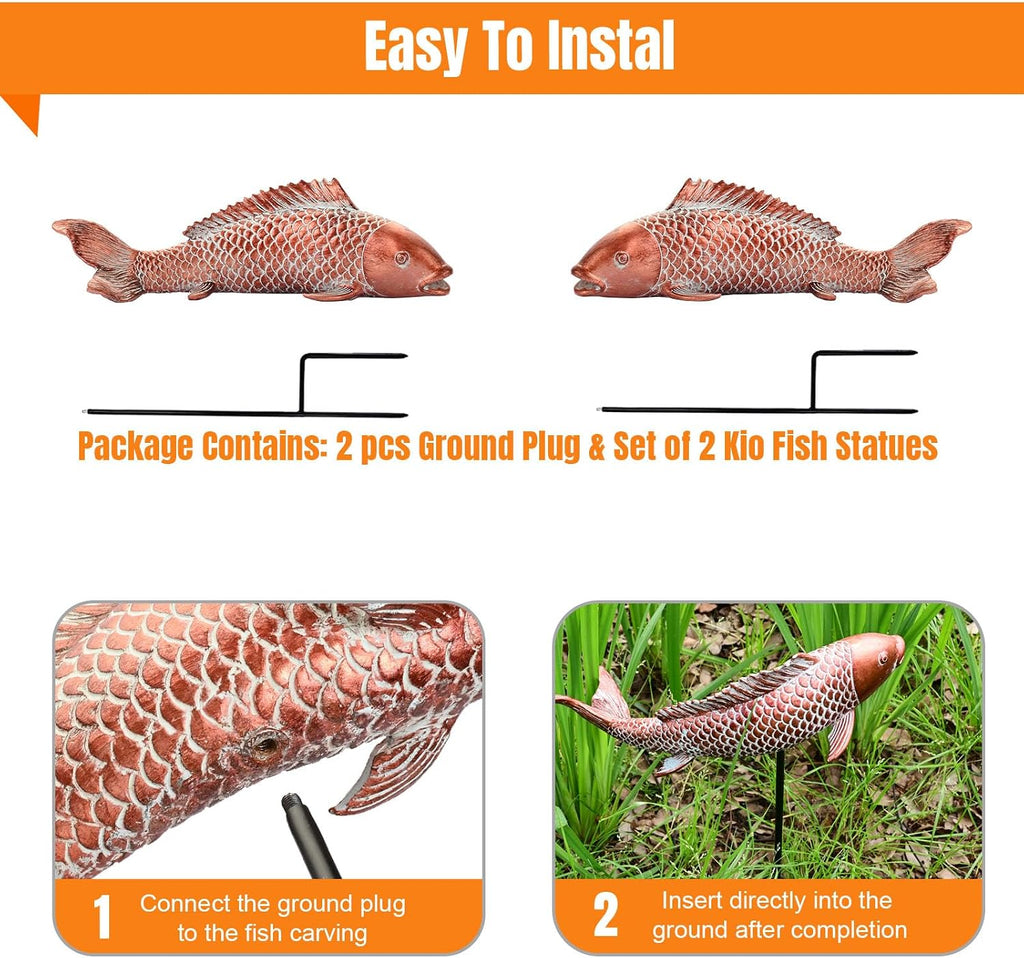 Garden Statues Koi Fish Decor Outdoor Garden Fish Statues, Set of 2 Antique Copper Koi Art Sculptures , Backyard
