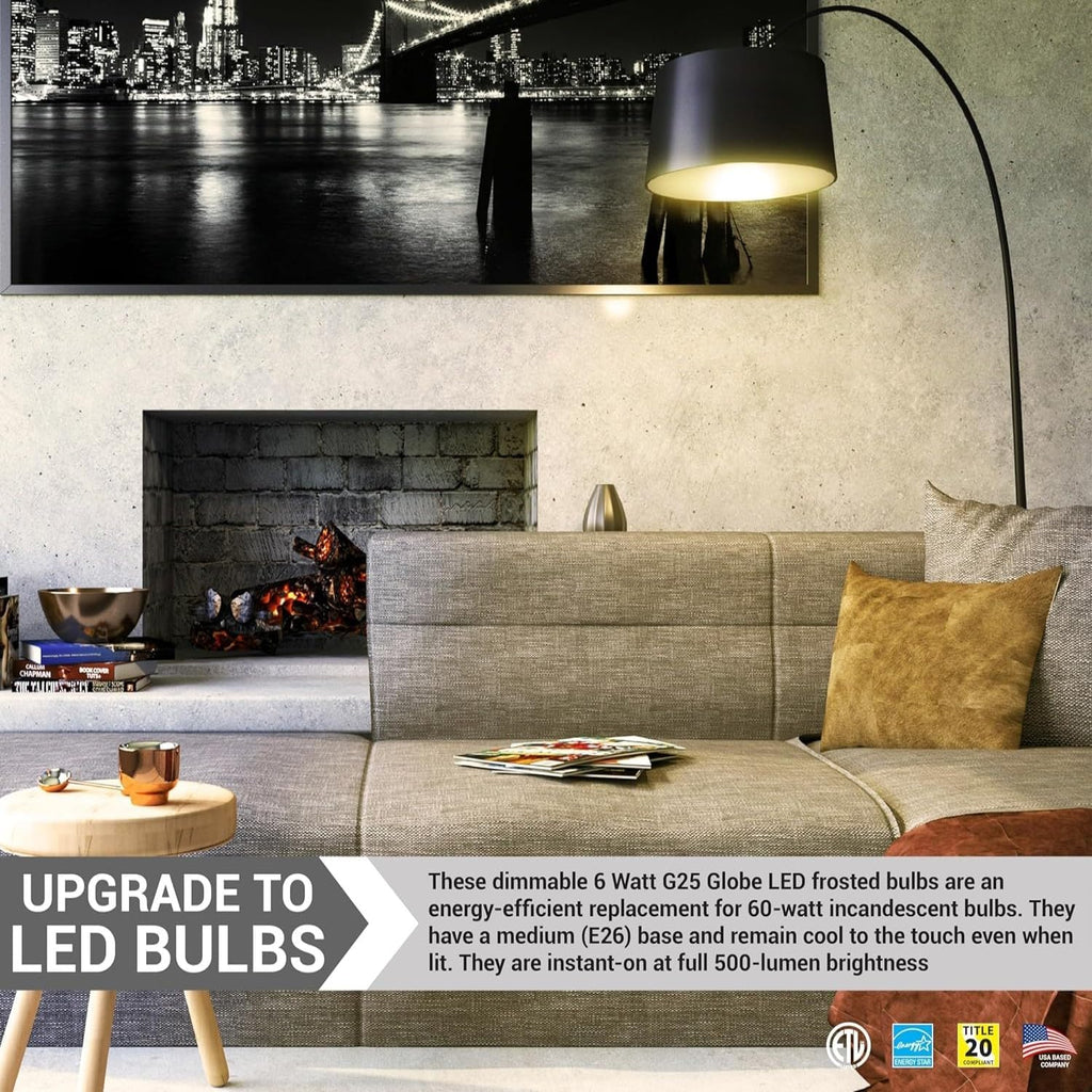 G25 LED Globe Light Bulbs Vanity Light Bulb 6W (60W Equivalent) 3000K Soft White E26 Medium Base Dimmable 500 Lumens