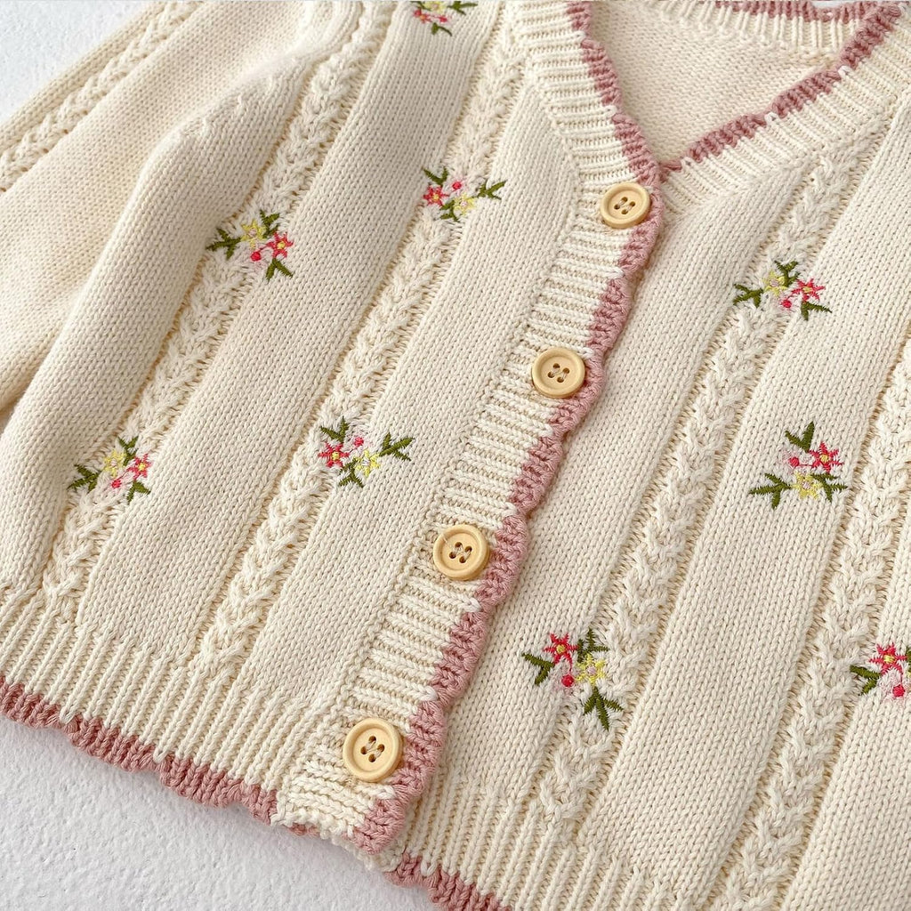 Baby Girls Cotton Small Floral Embroidery Cardigan Sweater
