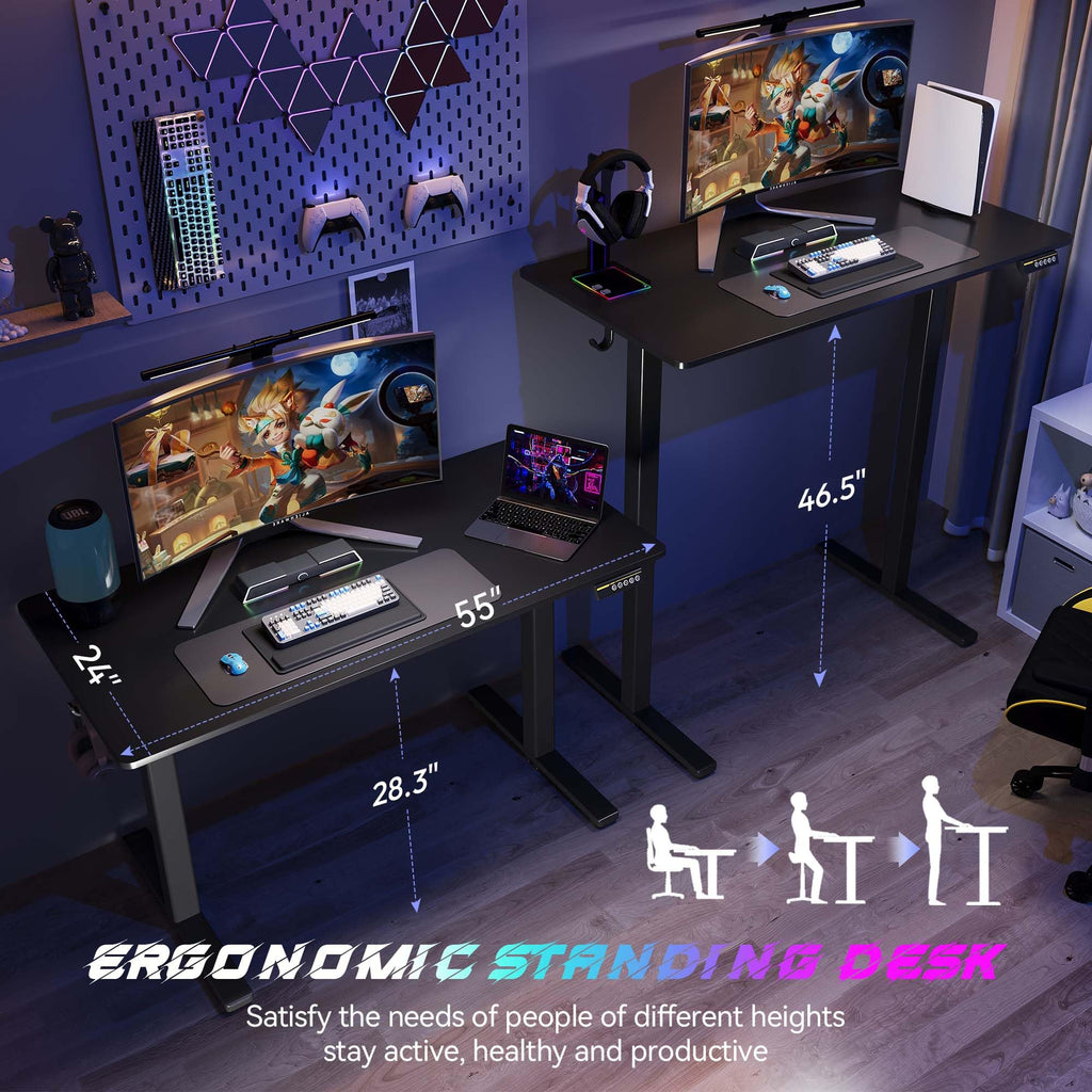 55 x 24 Inch Electric Standing Desk, 3 Memory Presets, Black