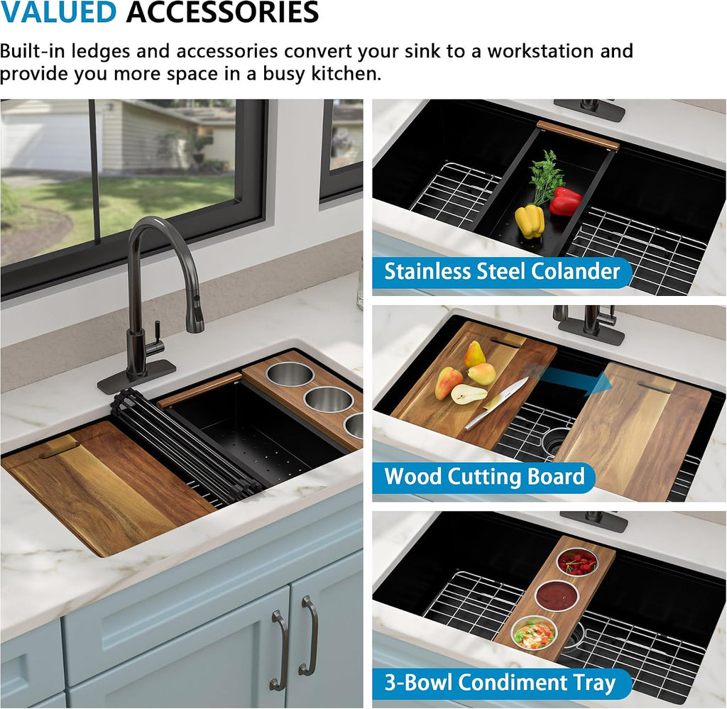 30" x 19" Undermount Matte Black Workstation Kitchen Sink | 16 Gauge T304 Stainless Steel Single Bowl Sink with