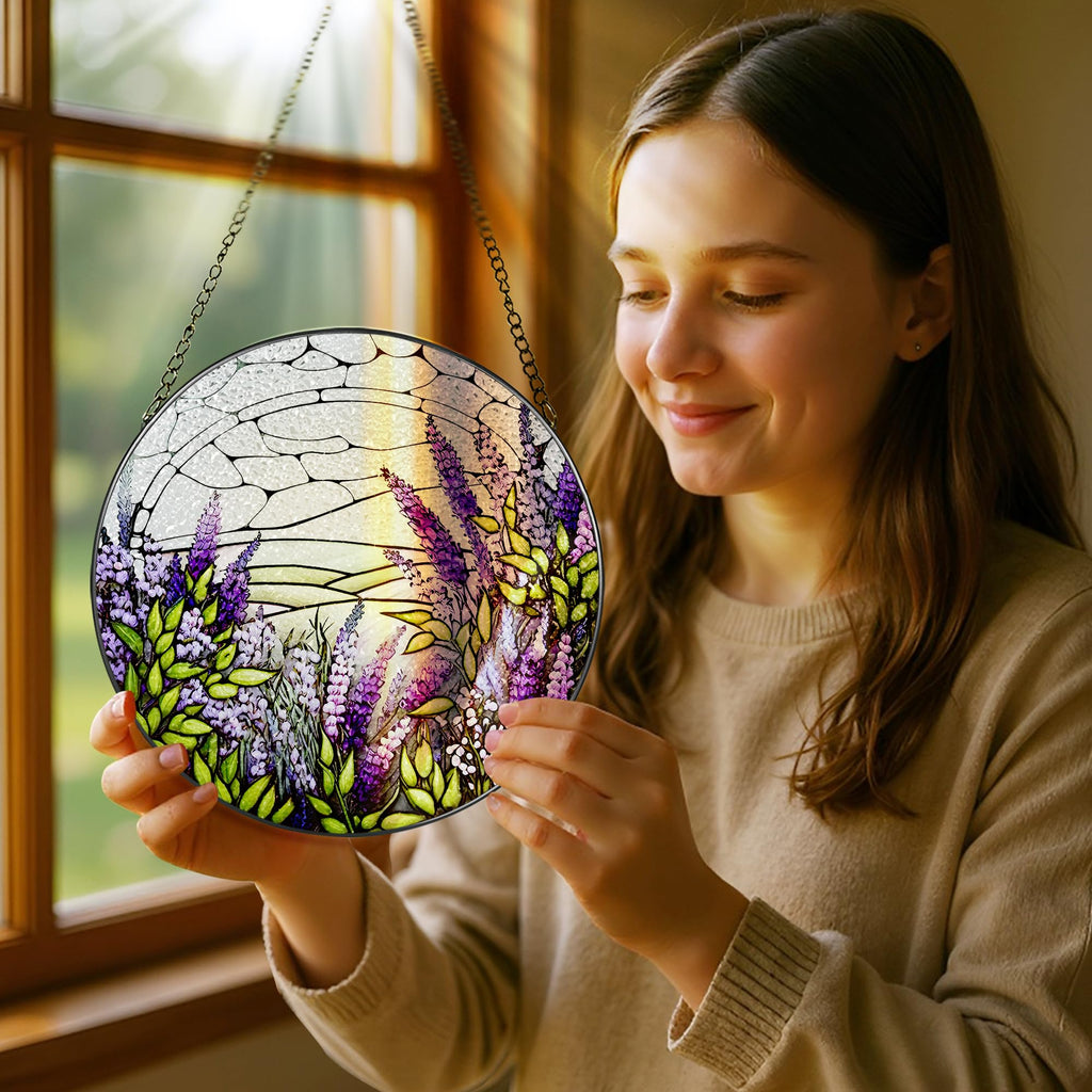 Lavender Flower Stained Glass Suncatcher, Stained Glass Window Hanging, 8 Inch Green Plants Suncatcher Decor for