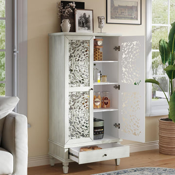 55'' Tall Storage Cabinet with Drawer, Decorative 2-Door Carved Wood Accent Cabinet with Solid Wood Legs