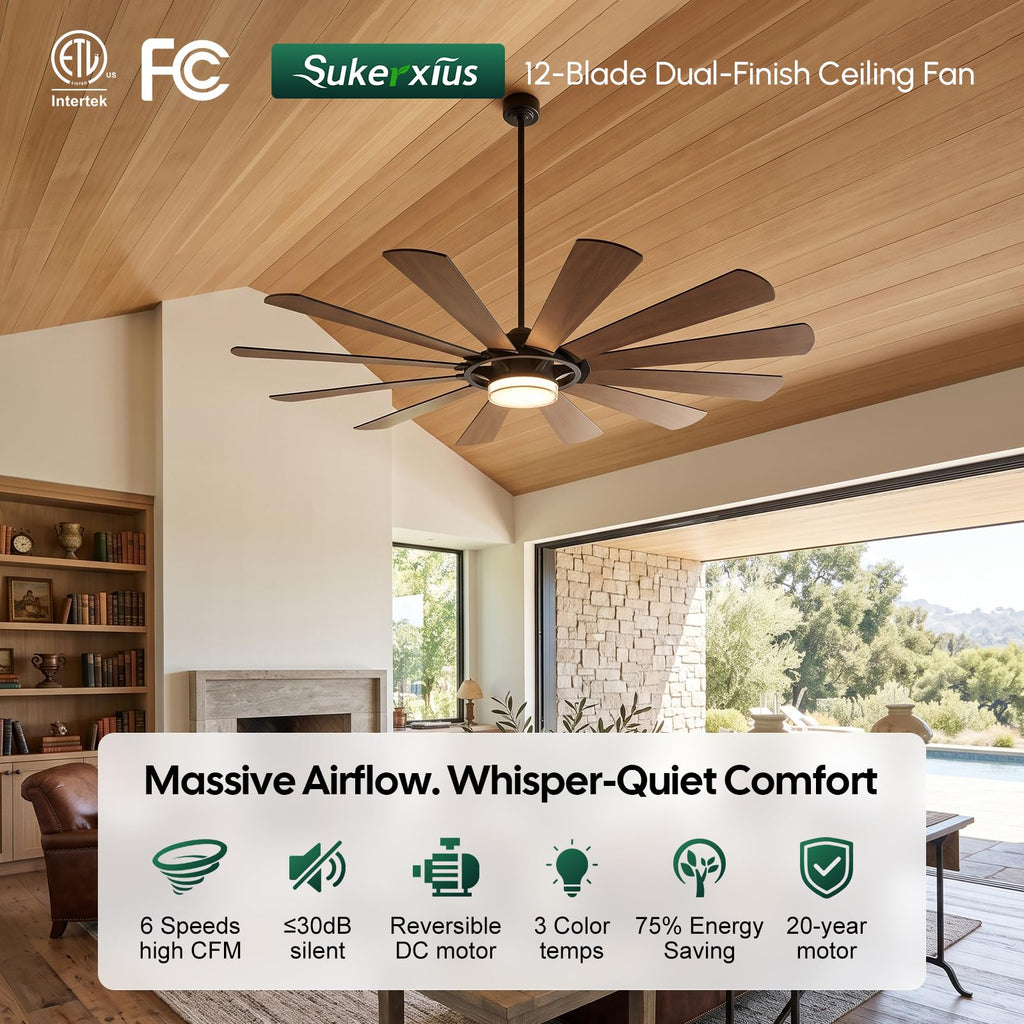 62 Inch Farmhouse Ceiling Fan with Light and Remote, 12 Blade Dual-Finish