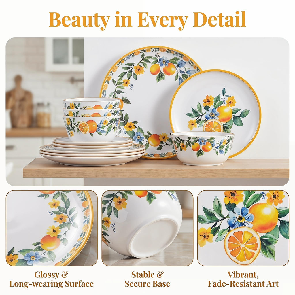 Lemon Dinnerware Set for 4, 12-Piece Melamine Plates and Deep Bowls