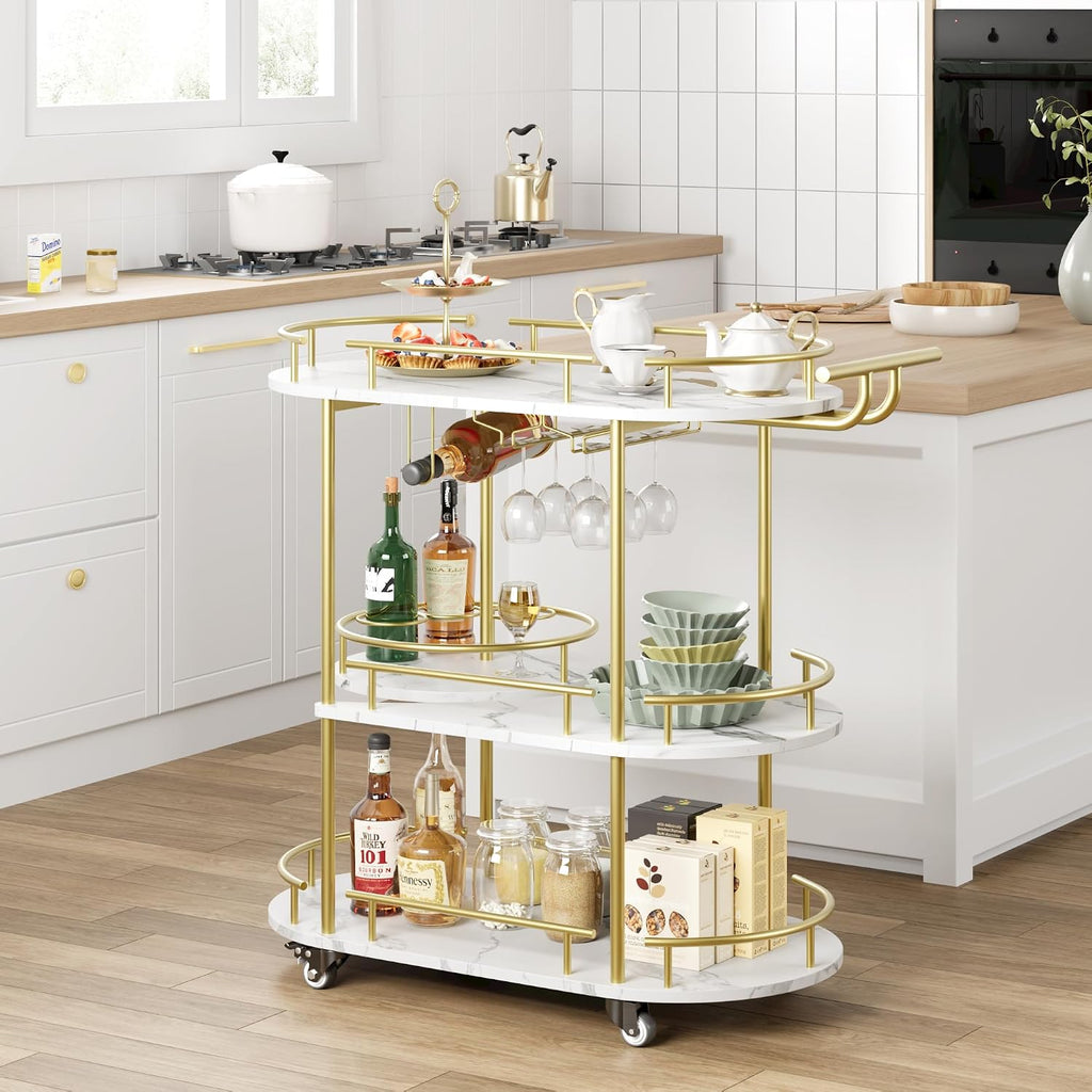 Bar Serving Cart with Wine Rack and Glass Holder, 3-Tier Rolling Serving Cart with 4 Wheels, Small Serving Table