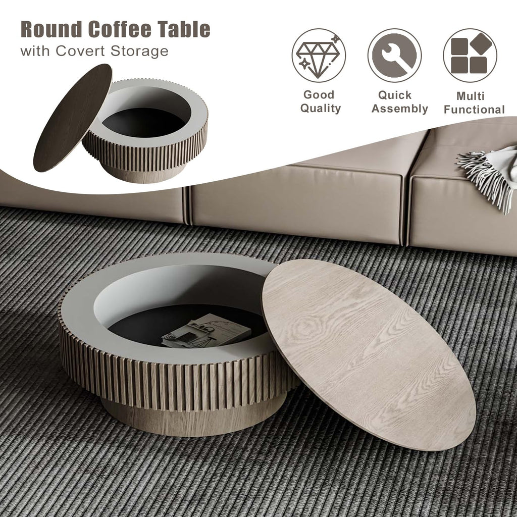 Round Coffee Table with Storage, Modern Wooden Coffee Table