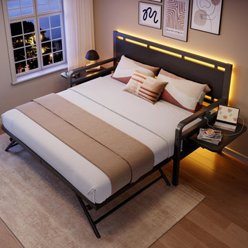 Daybed with Trundle and LED Light, Heavy Duty Metal Twin Bed Frame with Movable Charging Station, Day Bed Pop Up
