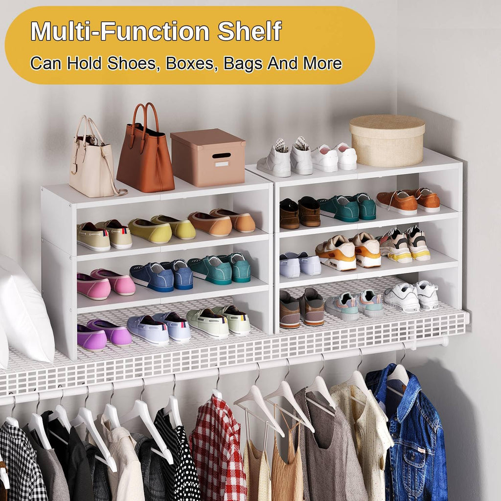 White Shoe Rack Organizer for Closet, 3-Tier Expandable Shoe Shelf, Stackable Iron Wood Combination Shoe Racks