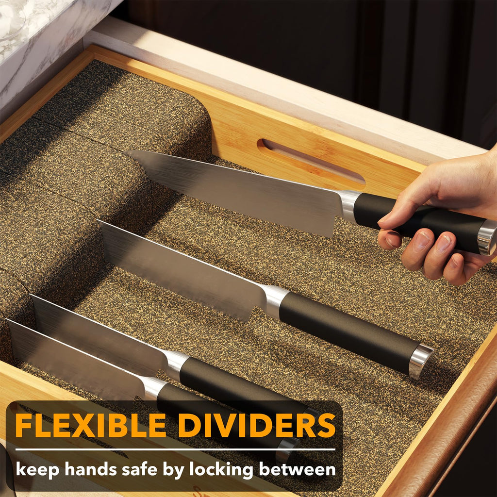 Large Knife Drawer Organizer Bamboo Insert Dock, Kitchen Steak Knives Holder Organizers Block for Drawer in Storage