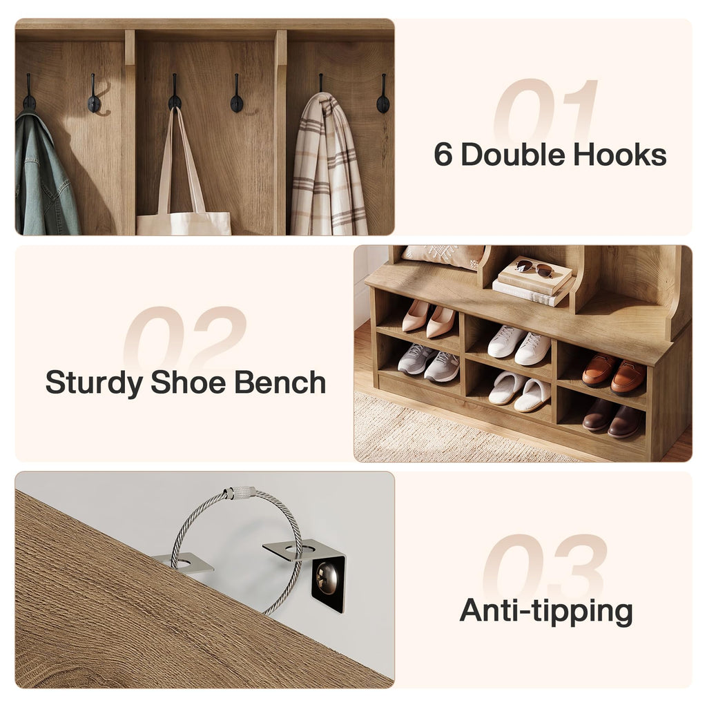 Hall Tree with Bench and Shoe Storage, Rustic Oak