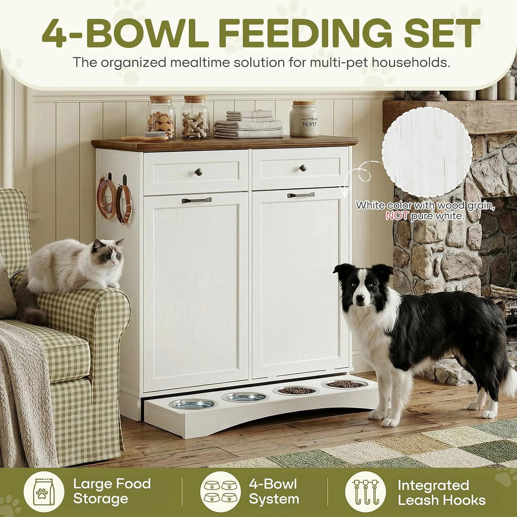 Pet Feeding Station with 4 Bowls, Dual Doors dog cabinet storage