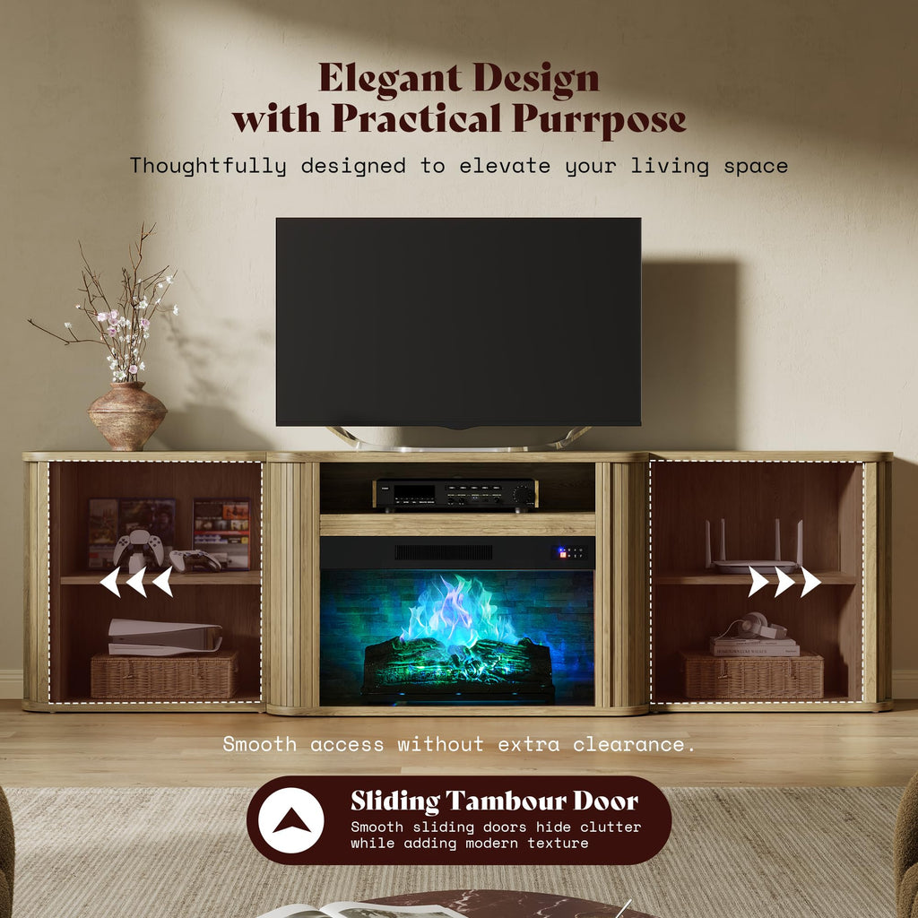 70" Fluted Electric Fireplace TV Stand, Mid Century Modern, Oak