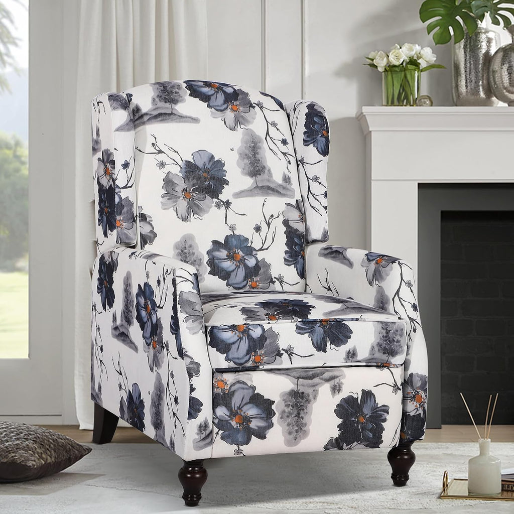 Wingback Recliner Chair - Tufted Arm Chair Recliner - Fabric Push Back Single Sofa Adjustable Backrest (Blue Floral)