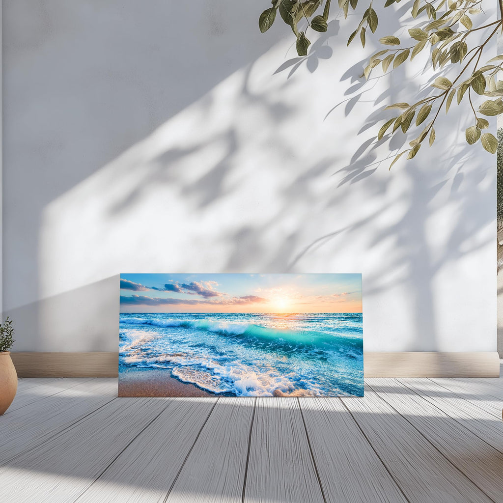 Blue Ocean Large Canvas Wall Art Prints, Coastal Sunset Landscape Prints Paintings, Nature Waves Beach Wall Decor
