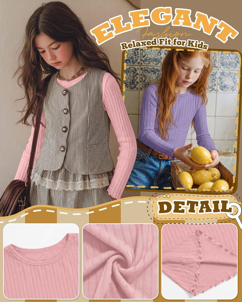 4 Pack Girls Long Sleeve Shirts Kid Cotton Ribbed Top