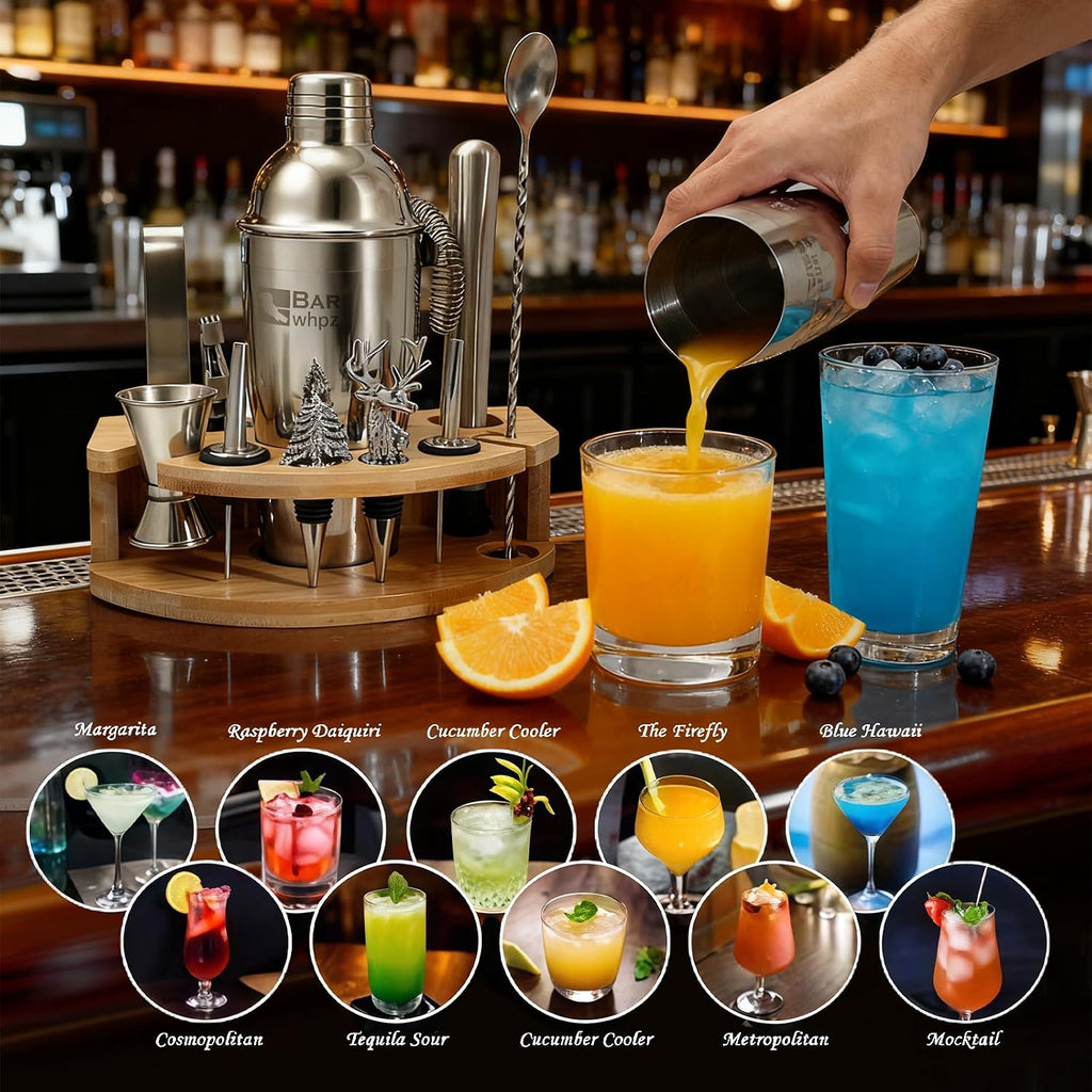 Silicone Pad Included Cocktail Shaker Set Bartender Kit,Mixology Bartender Kit 13-Piece with Bamboo Stand,Martini - Set of 13