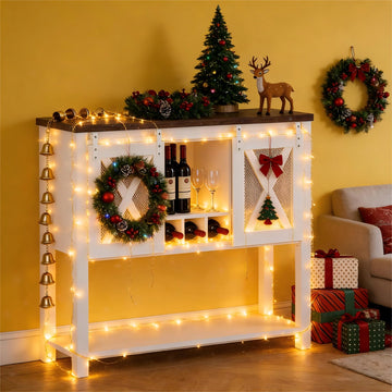Wine Bar Cabinet with Storage - Sliding Barn Door Kitchen Buffet, Wood Sideboard Console with Wine Rack & Glass