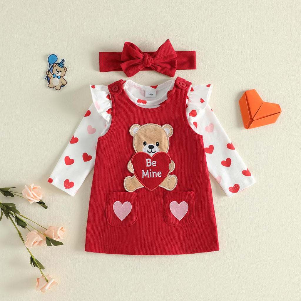 My First Valentines Day Baby Girl Outfit Ruffle Long Sleeve Romper Love Heart Overall Dress Headband Cute Clothes