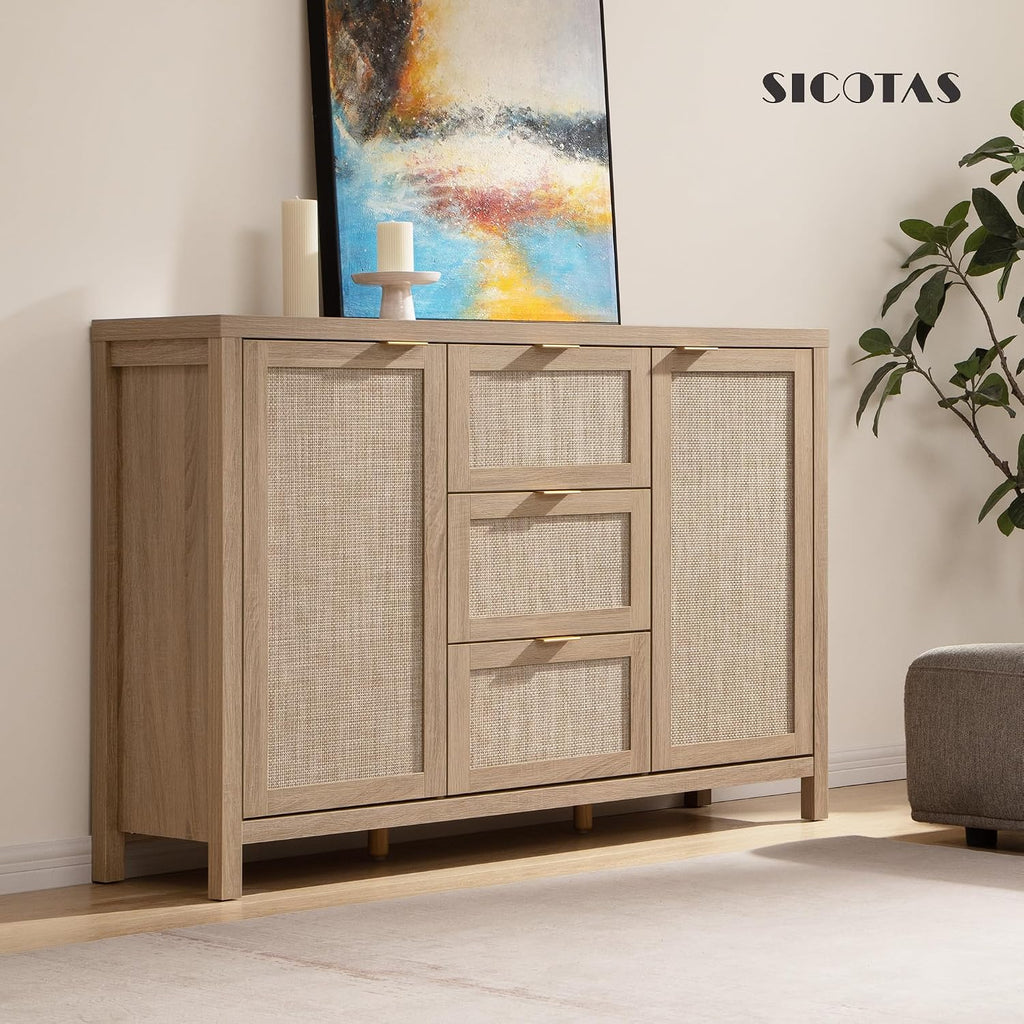52 Inch Sideboard Buffet Cabinet with Storage, Rattan Credenza | Farmhouse Boho Coffee Bar Cabinet Storage Cabinet