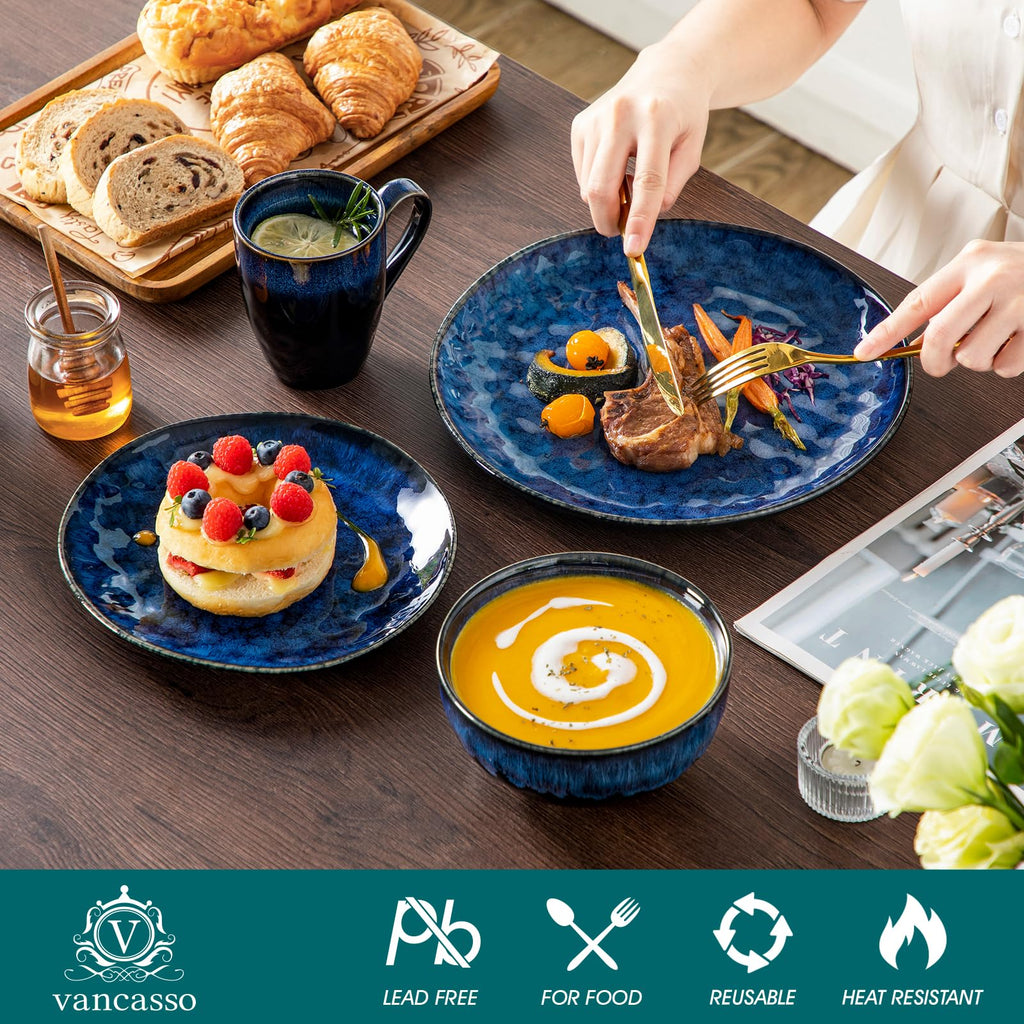 Starry 16 Pcs Dinnerware Set for 4, Handmade Reactive Glaze, Blue