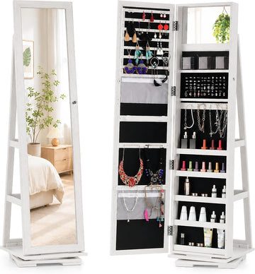 Lockable Jewelry Cabinet with Frameless Full-Length Mirror, 360° Swivel Jewelry Organizer Armoire, Free-Standing