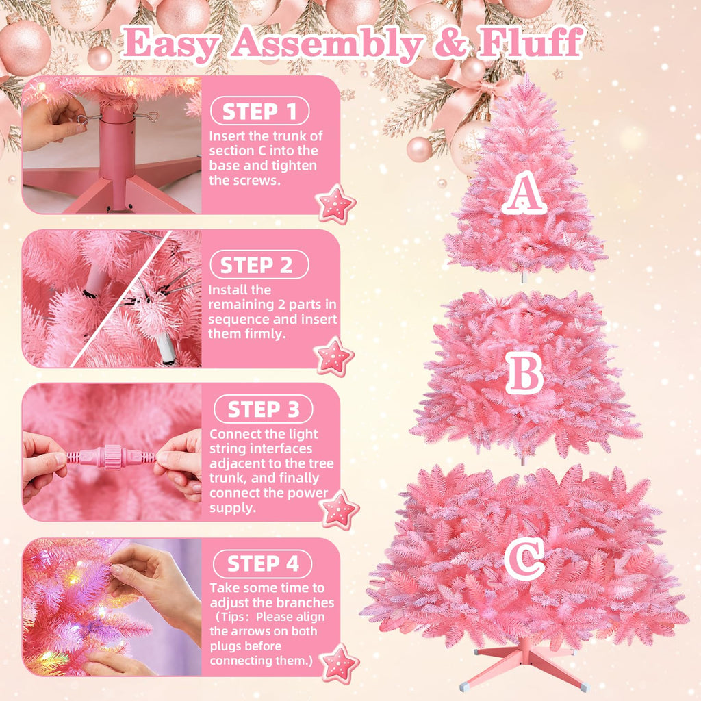7FT Pink Rotating Pre-Lit Christmas Tree with Remote Control