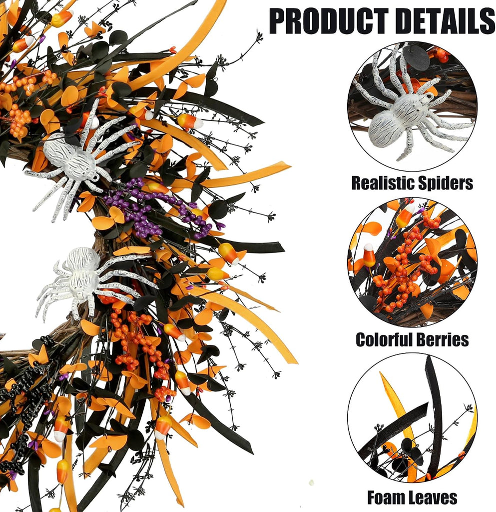 Halloween Wreath 23inch Artificial Spider Wreath with Handmade Black Orange Leaves Orange Purple Berries Teeth Front