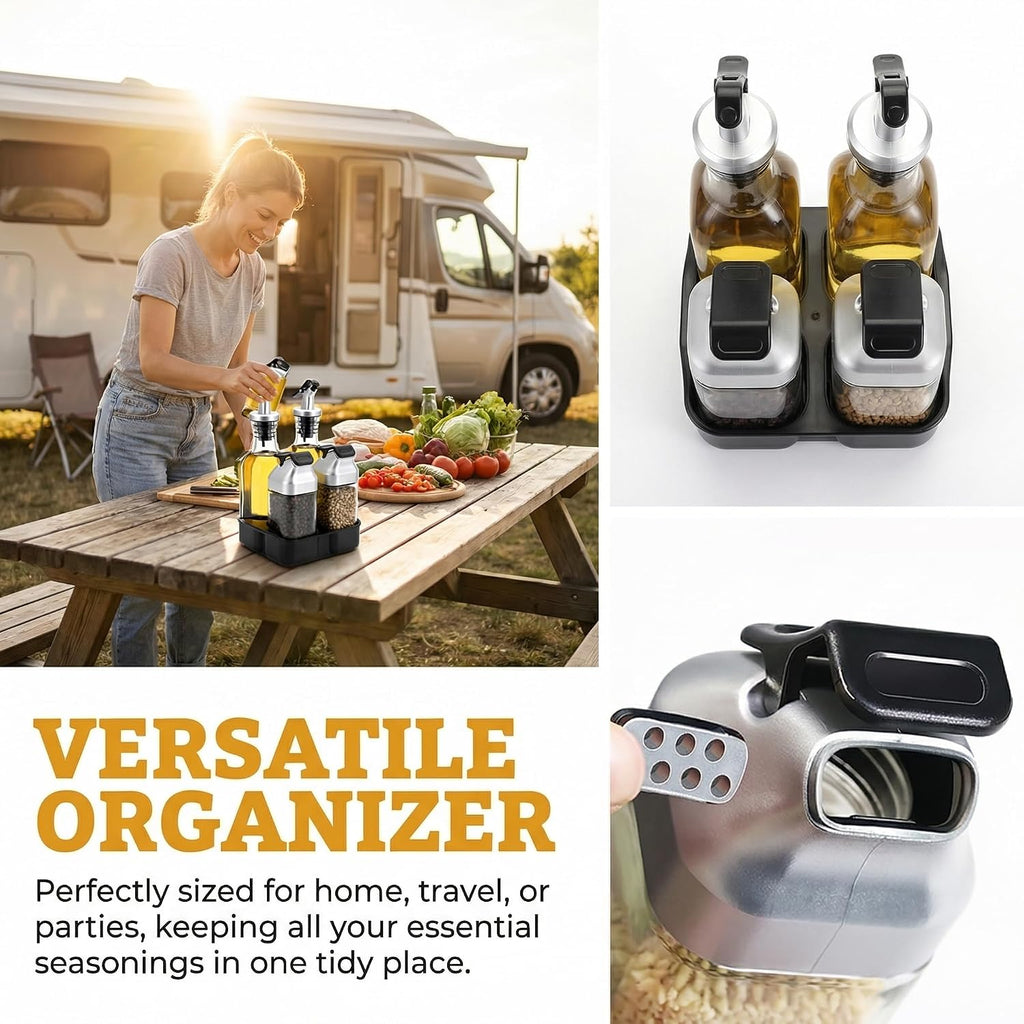 Oil Vinegar Dispenser Bottles Set with Caddy Stand, Tabletop Glass Salt Pepper Shaker Olive Oil Vinegar Cruets - Set of 5
