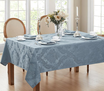 Barcelona Damask Fabric Tablecloth, 60 x 84 Inch Rectangle, Blue - No Iron, Soil Resistant Table Cov